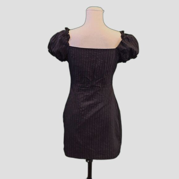 Ruffle Sleeve Sweetheart Tie Neckline Black on Black Striped Mini Dresses Sz S - Picture 2 of 6